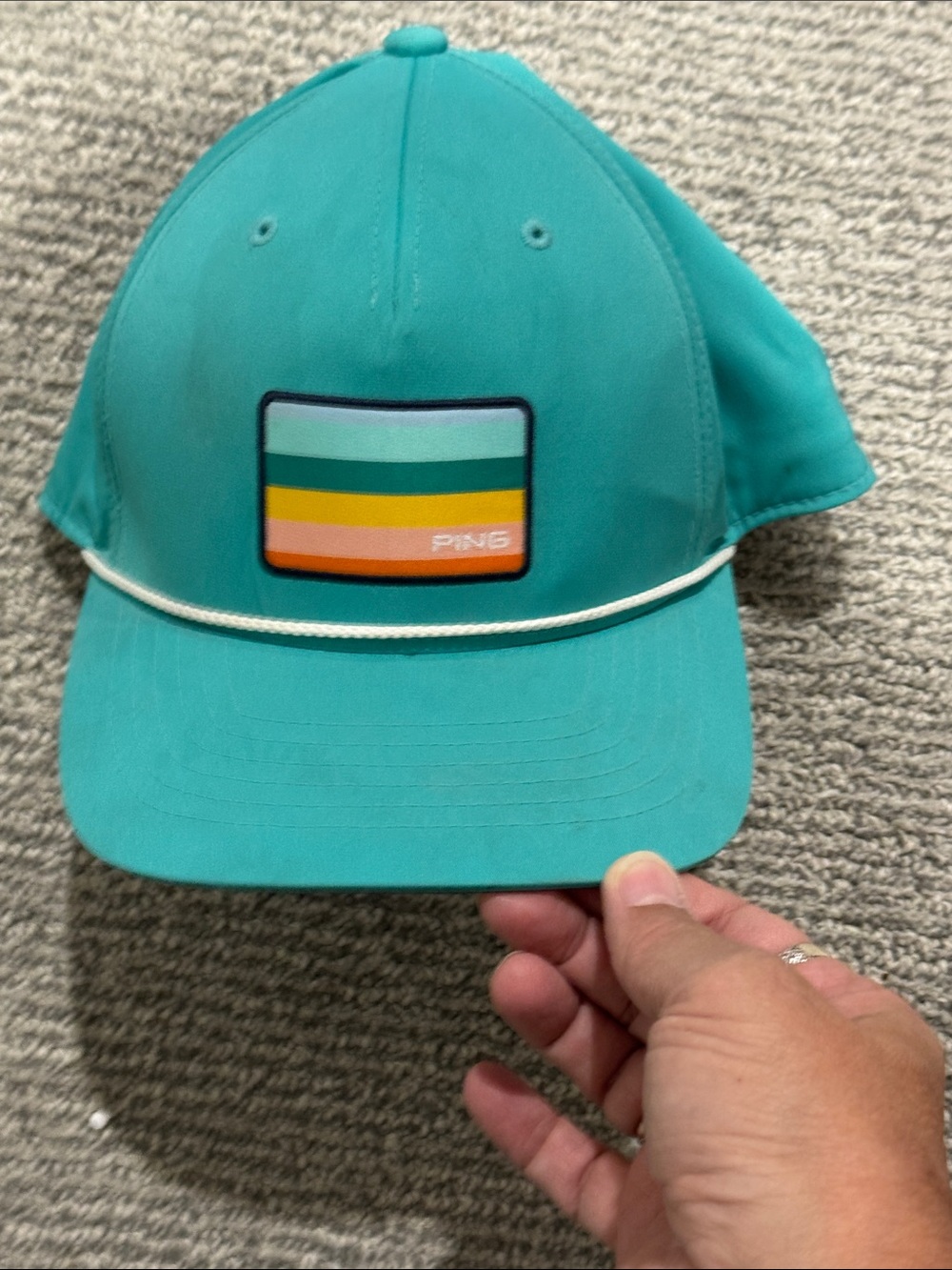 PING Teal Golf Cap with Multicolor Stripe Patch and White Rope Trim